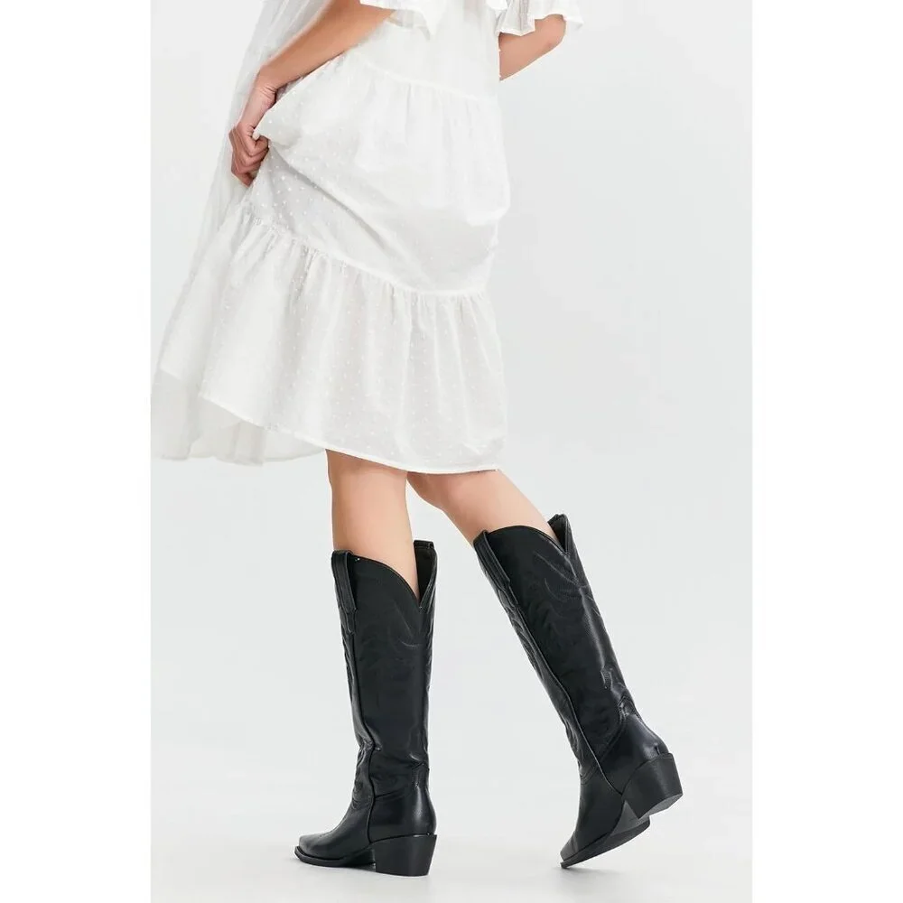 Women Pu Midnight Black Knee High Pointed Toe Block Heel Cowboy Western Boots - Picture 5 of 9